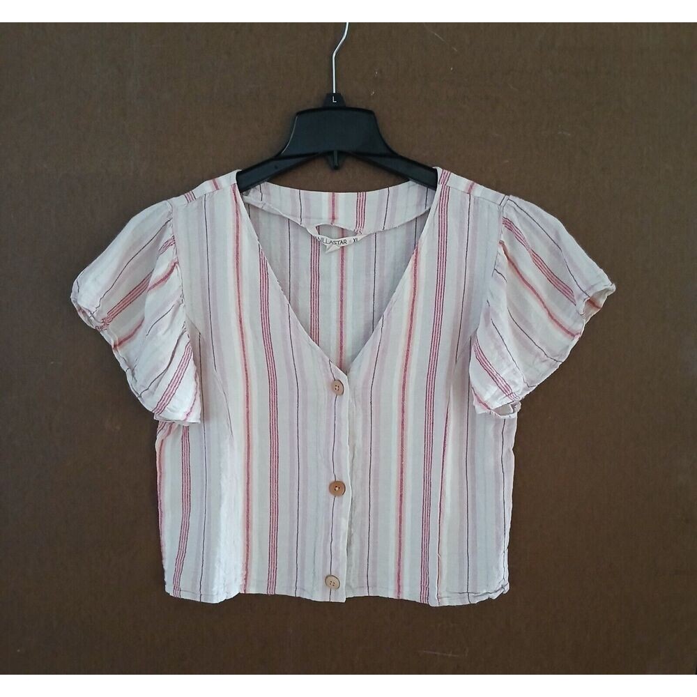 Vanilla Star Linen Short Sleeve Top Striped Comfy Casual Beachy Boho Tropical - Picture 1 of 10